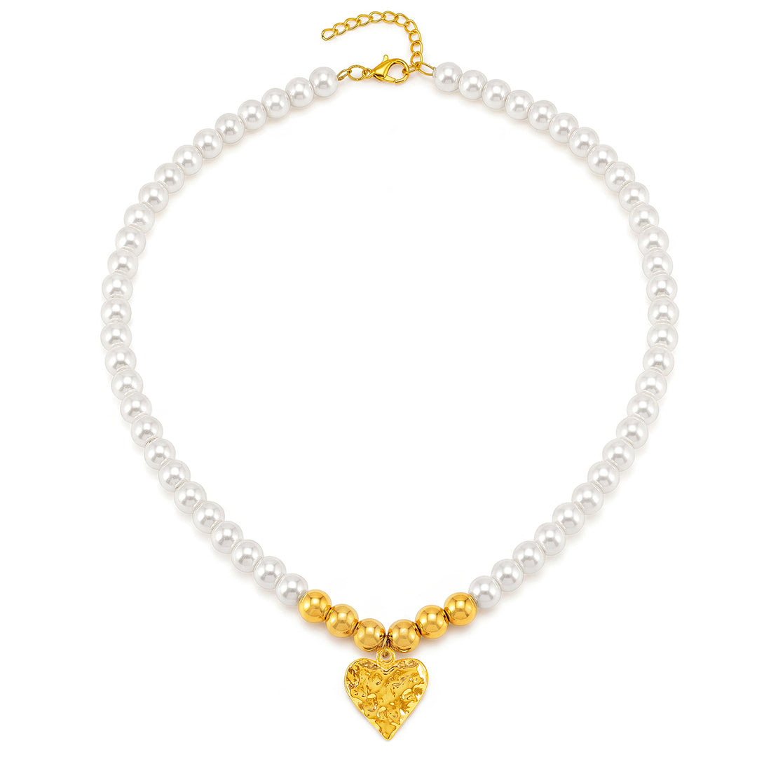 PRAO Necklace Anti-Tarnish Pearl Gold Bead Textured Heart