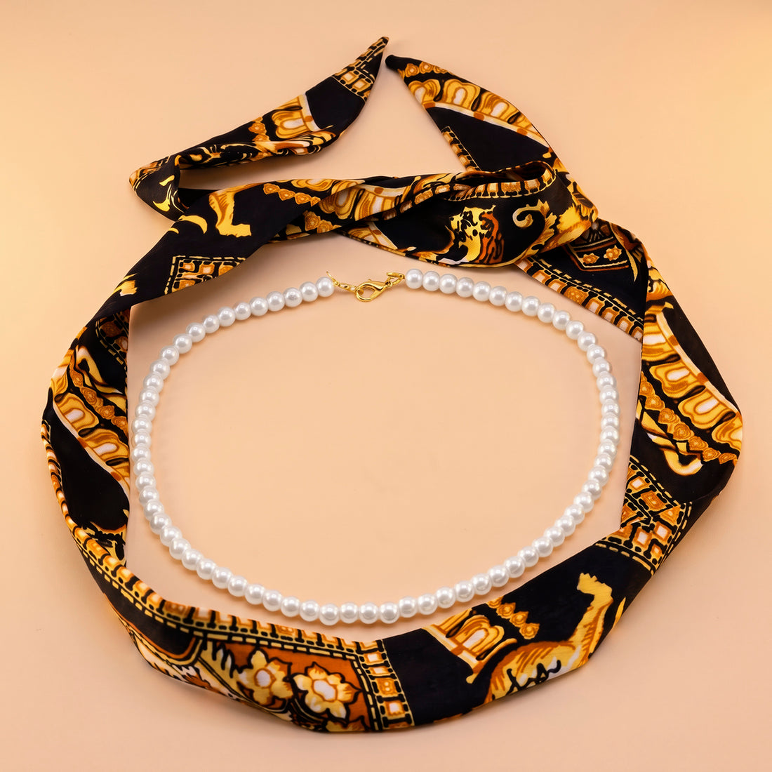 PRAO Scarf Necklace Anti-Tarnish Black & Gold Pearl Strand