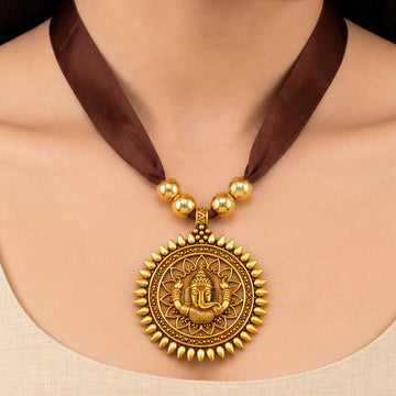 PRAO Scarf Necklace Lord Ganesha Medallion Brown Ribbon