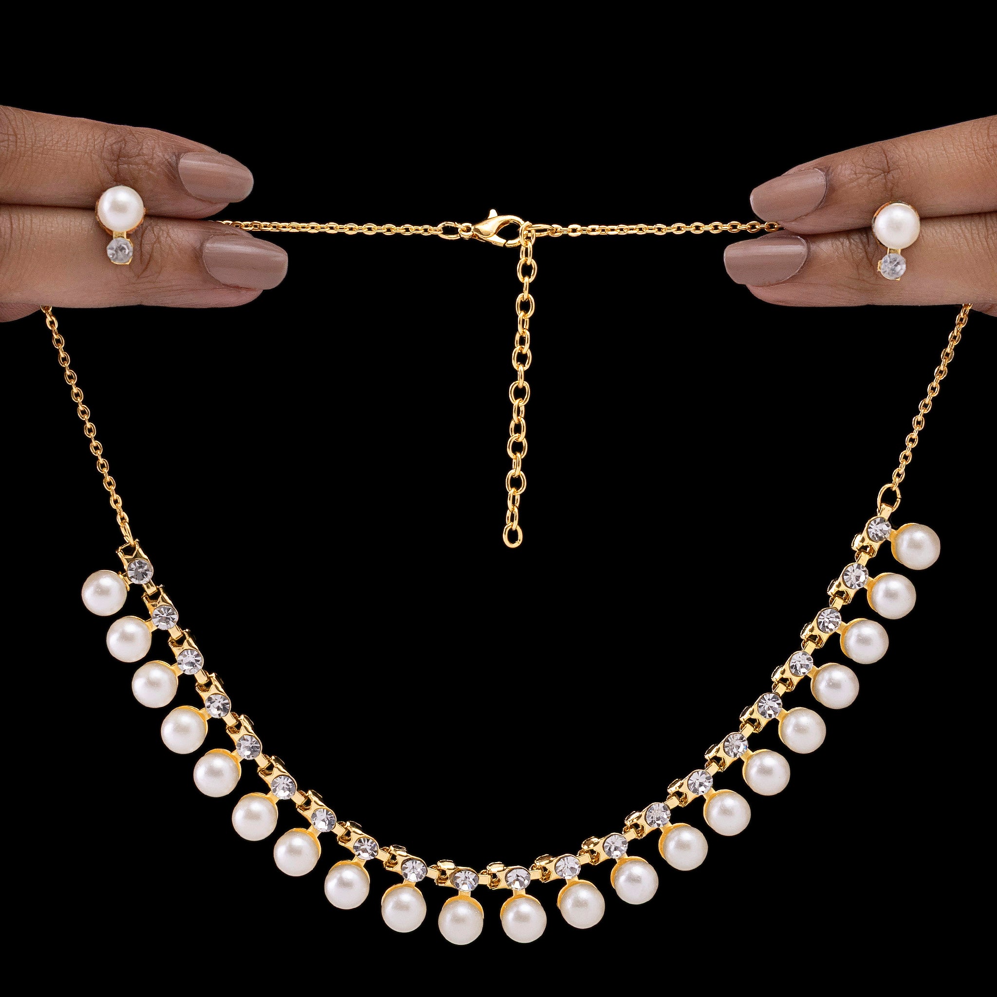 PRAO Anti-Tarnish Pearl & Crystal Studded Statement Necklace Set with Earrings