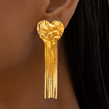 PRAO Anti-Tarnish Textured Heart Earrings with Chain Tassels