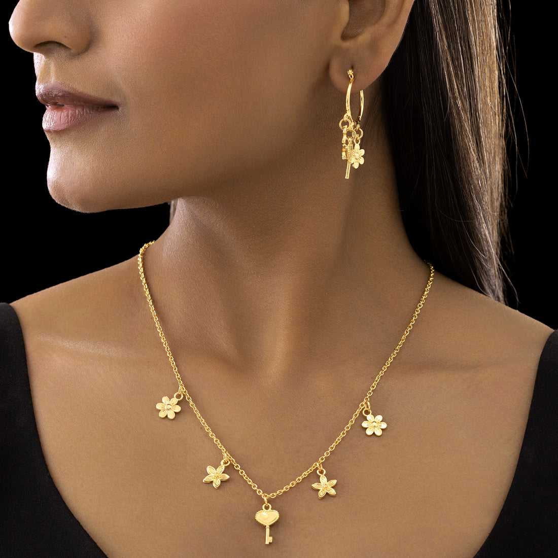 PRAO Anti-Tarnish Multi-Charm Chain Necklace with Earrings