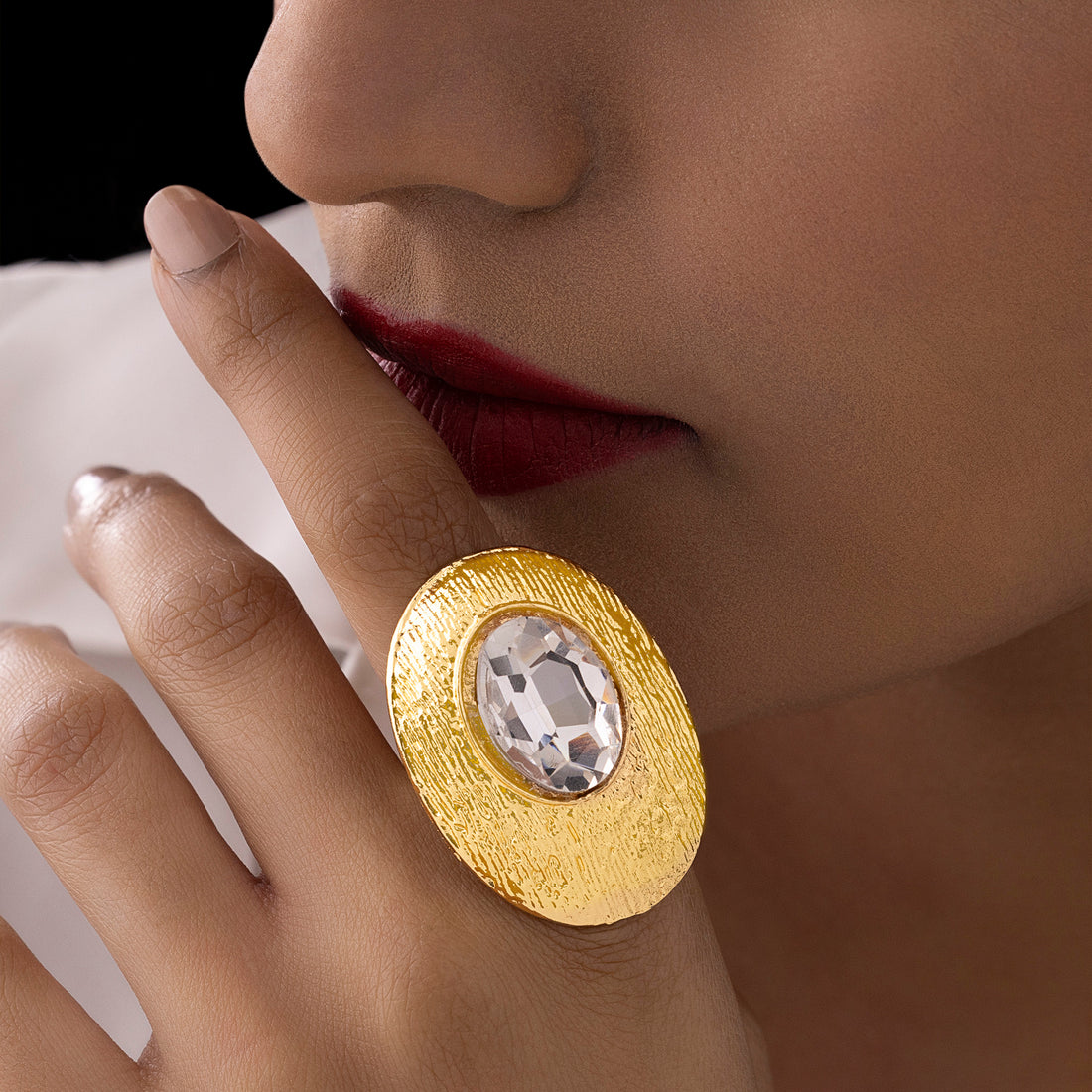 PRAO Anti-Tarnish Textured Oval Statement Ring with Crystal
