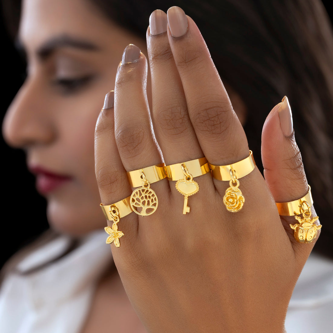 PRAO Anti-Tarnish 5 Gold Plated Charms Rings Set (Adjustable Size)