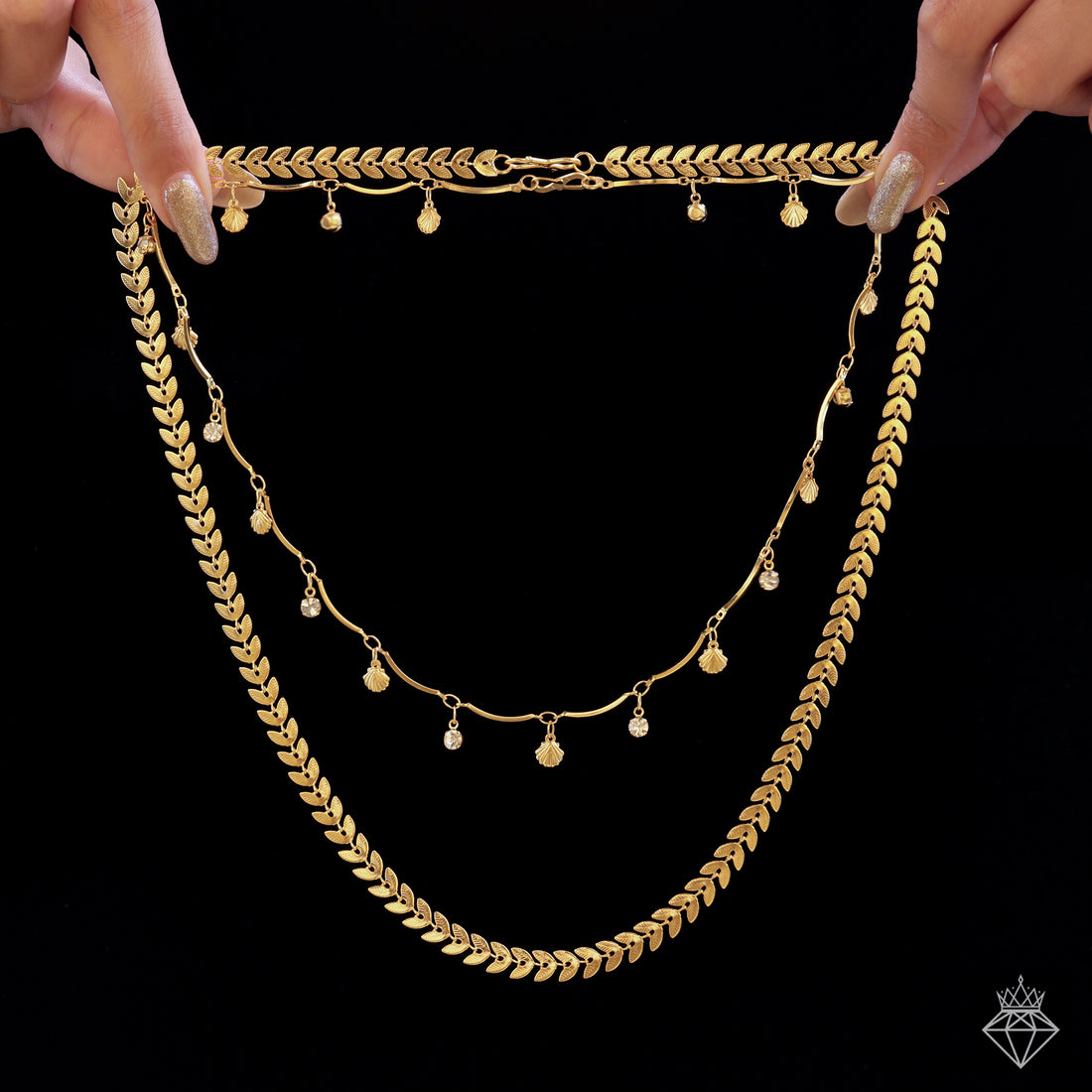 PRAO Anti-Tarnish Double Layer Chevron Chain with Shell Charms Necklace