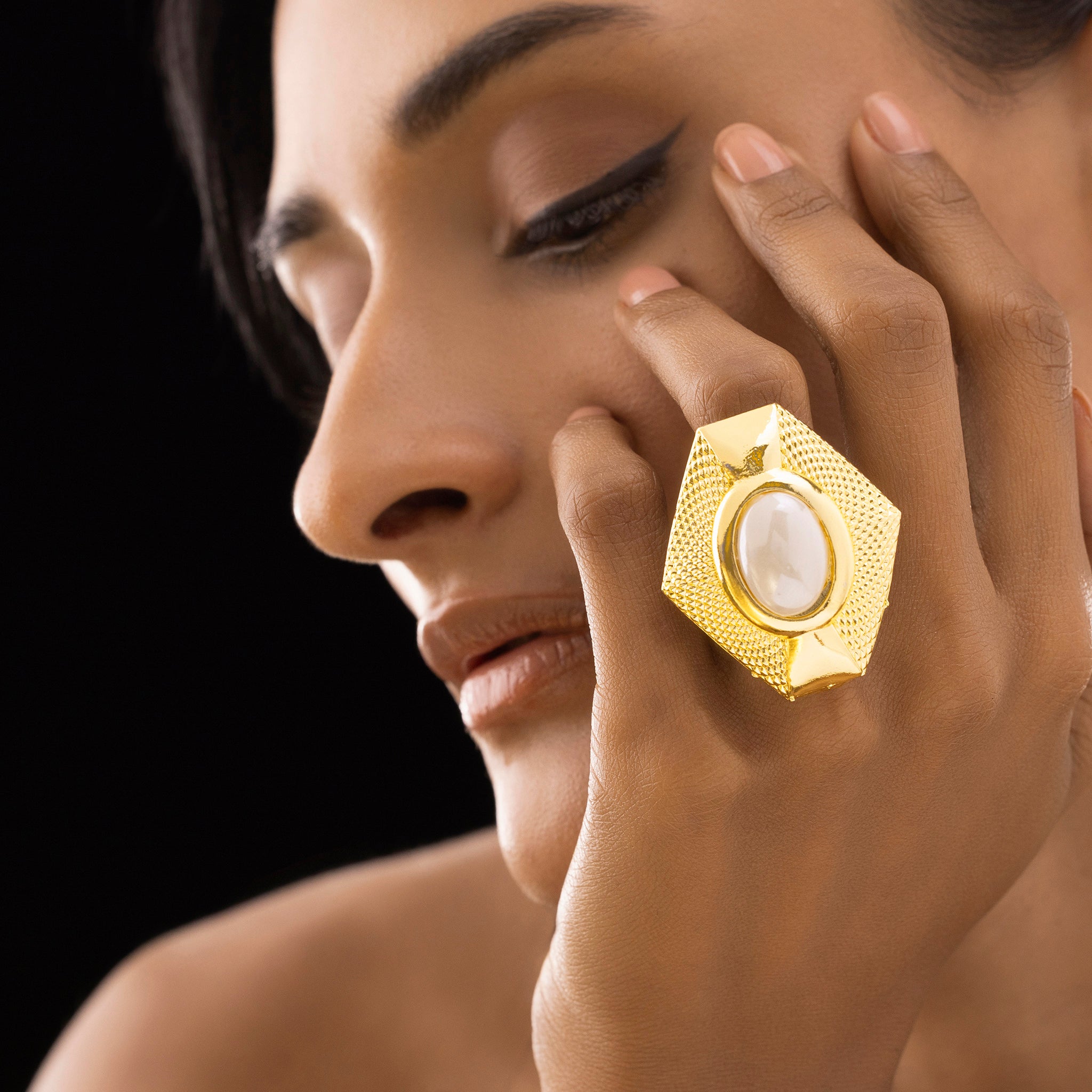 PRAO Anti-Tarnish Hexagon Rainbow Stone Ring