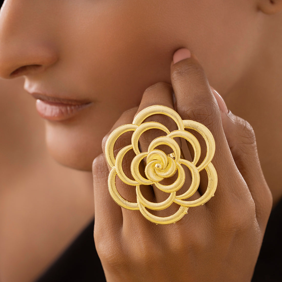 PRAO Anti-Tarnish Oversized Rose Textured Statement Ring