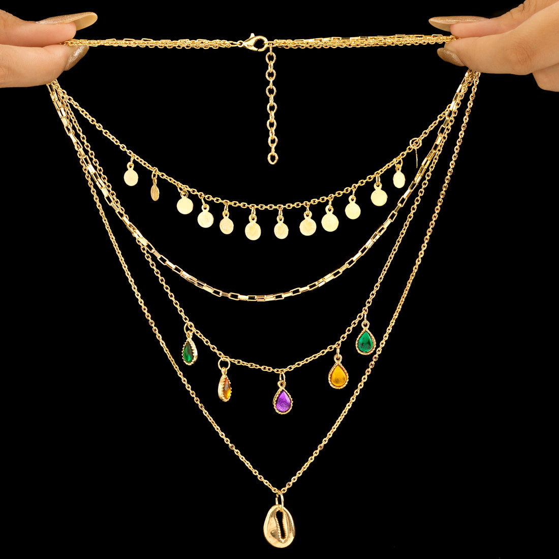 PRAO Anti-Tarnish Multilayered Crystal Charms Gold Plated Necklace