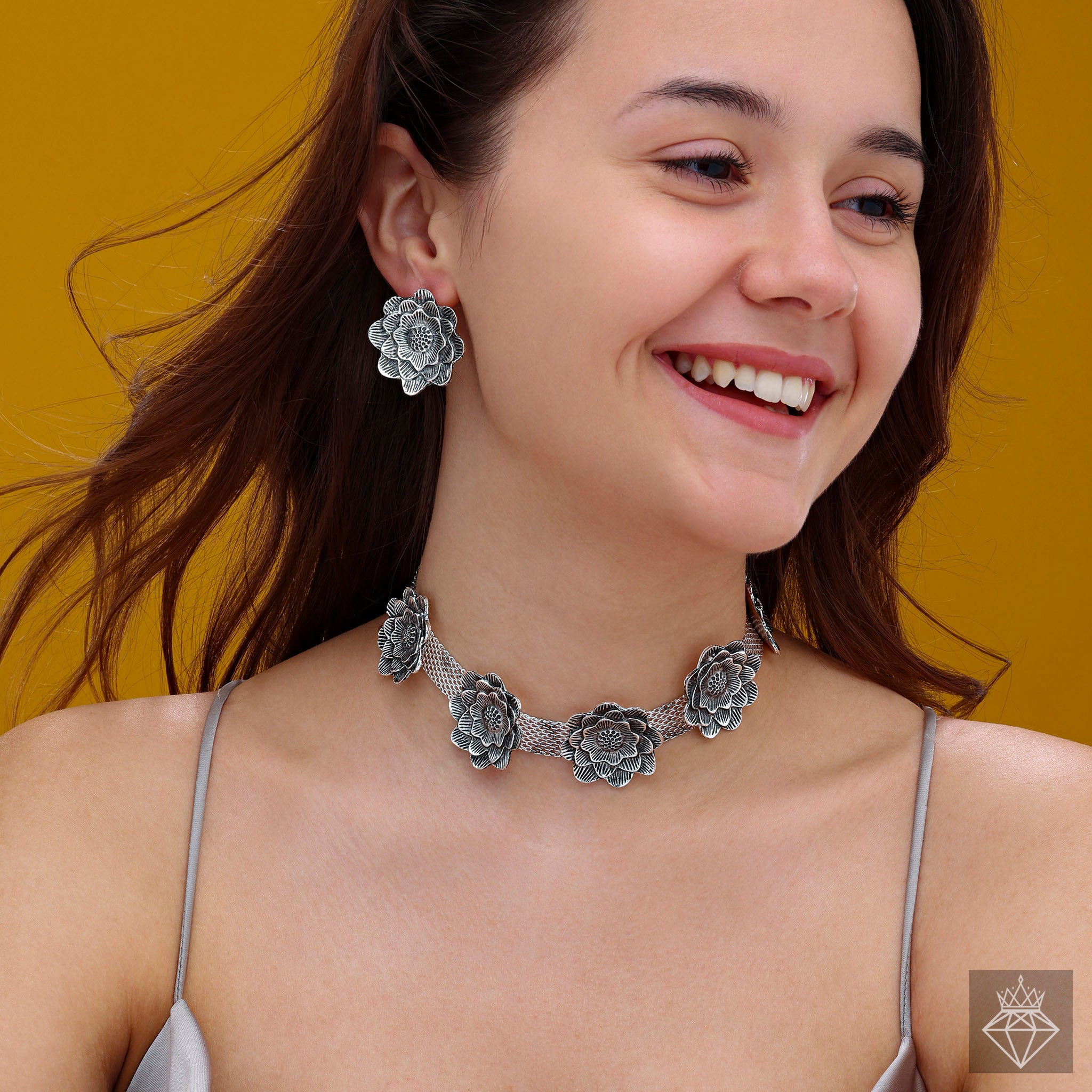 Blossom Beauty: PRAO Oxidized Floral Collar Necklace with Earrings