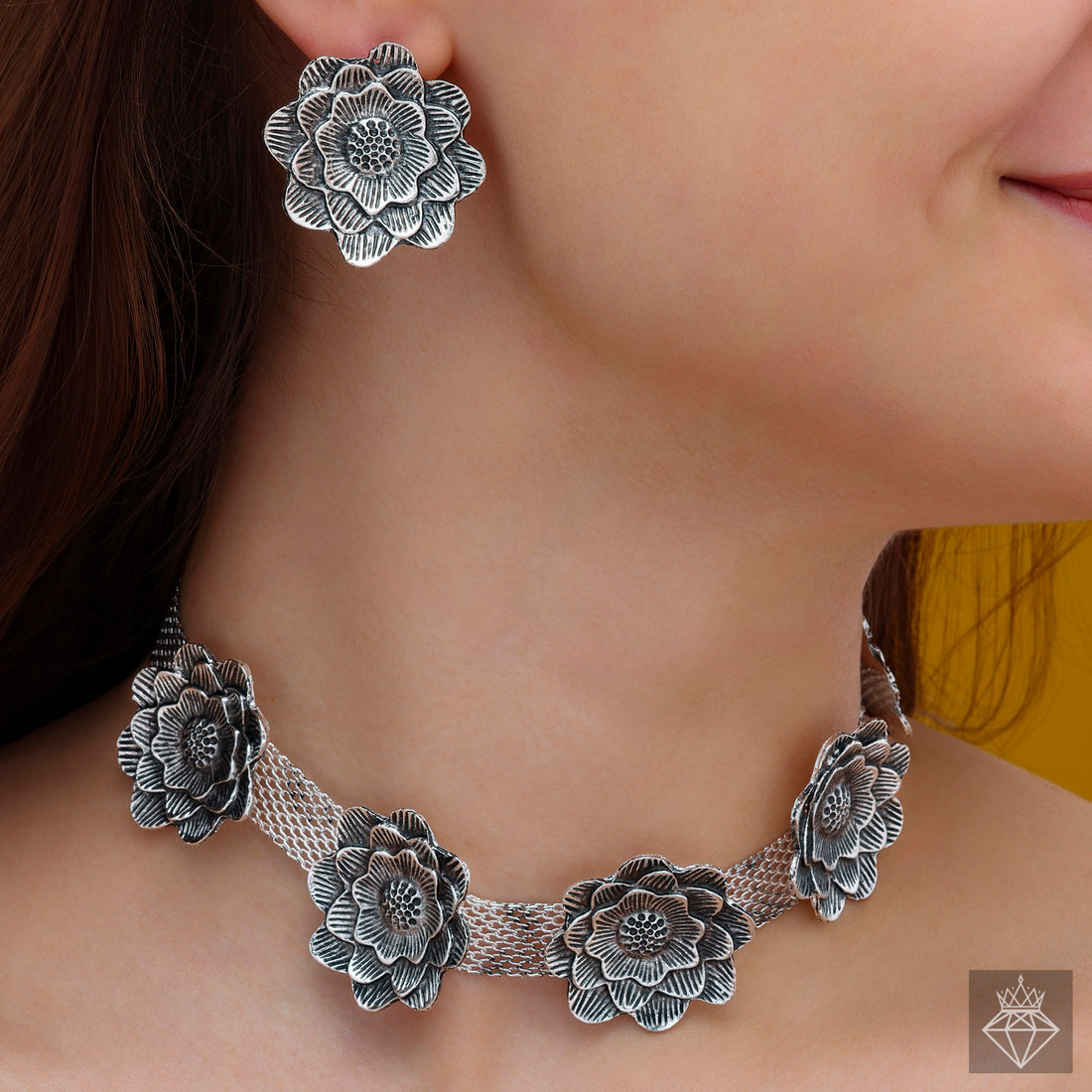 Blossom Beauty: PRAO Oxidized Floral Collar Necklace with Earrings