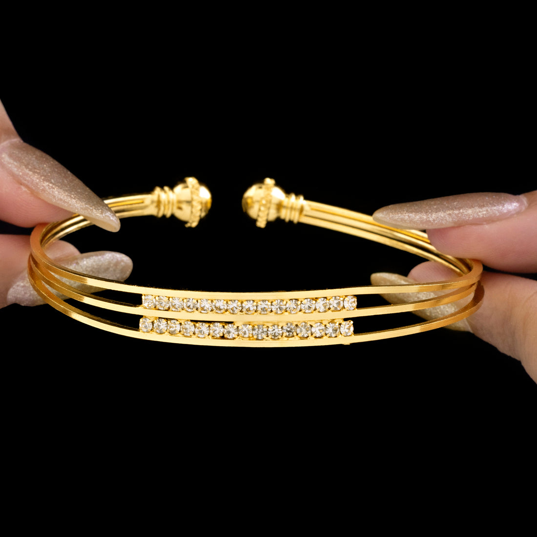 PRAO Anti-Tarnish Triple Line Rhinestone Bangle Bracelet (Adjustable Size)