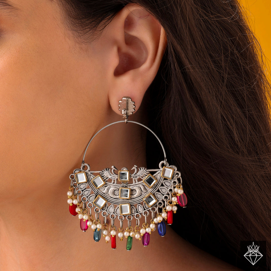 Mirror & Bead Embellished Dual-Tone Statement Earrings By PRAO