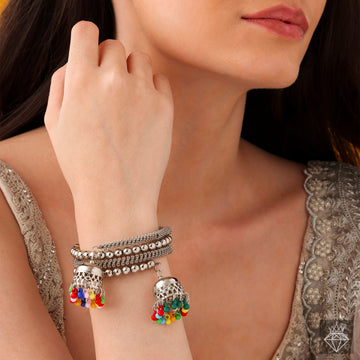 PRAO Ethnic Multi-Lined Cuff Bracelet With Colourful Jhumki