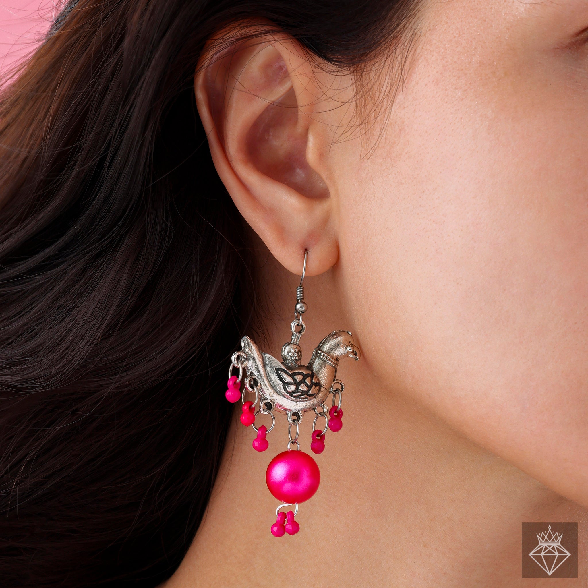 PRAO Ethnic Bird Danglers with Pink Accents