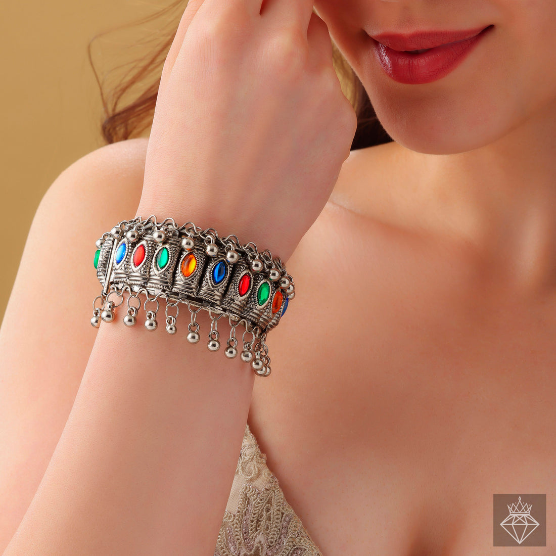 PRAO Multi-Colored Crystal Bangle Bracelet with Ghungroo Charms