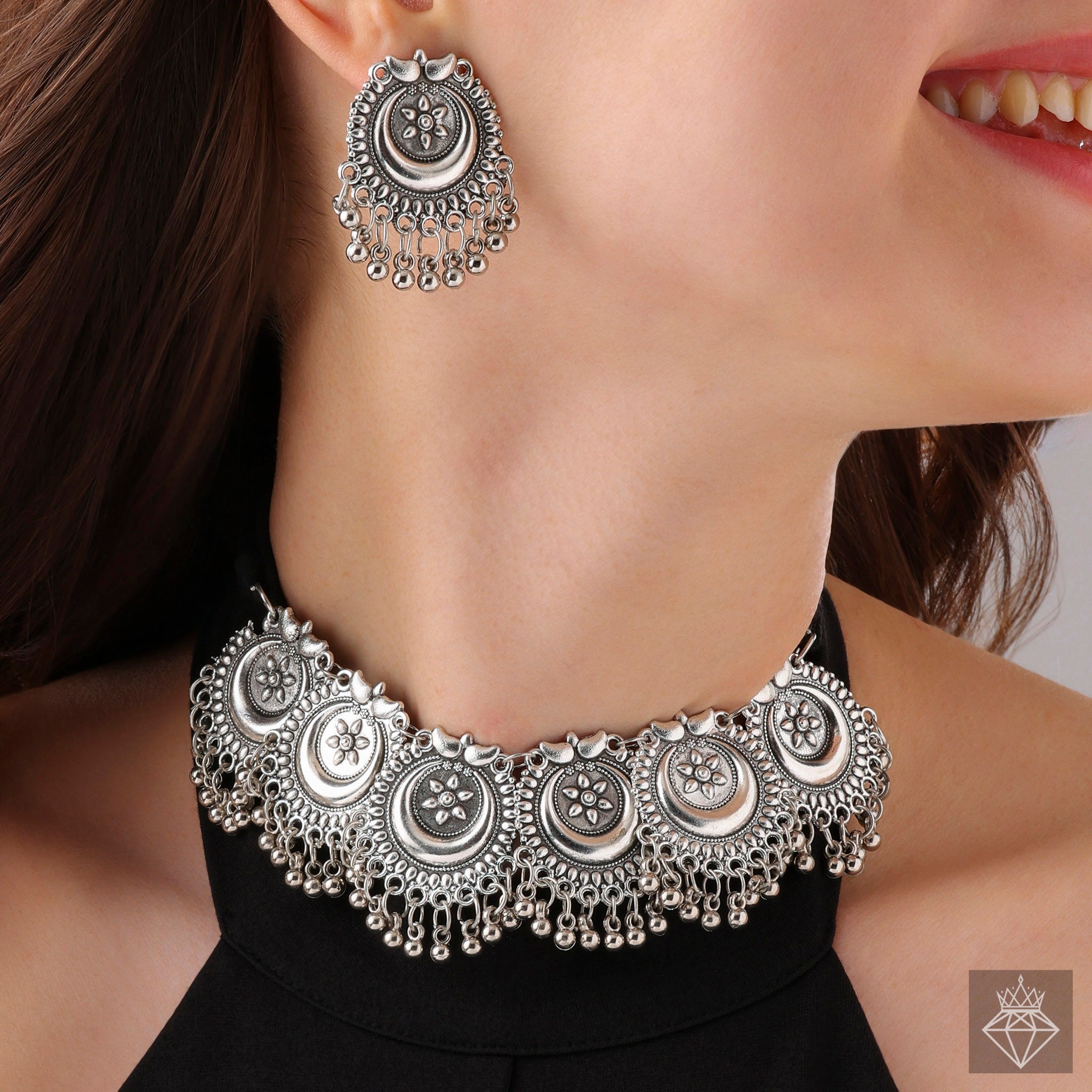 Ancient Moonrise: PRAO Ethnic Eclipse Necklace Set With Earrings