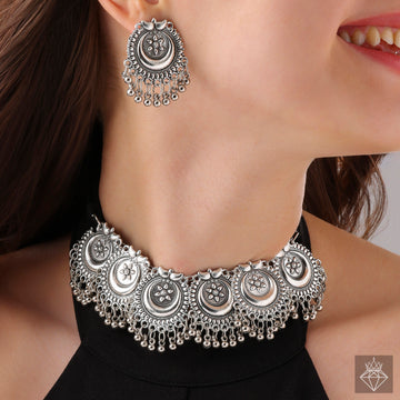 Ancient Moonrise: PRAO Ethnic Eclipse Necklace Set With Earrings