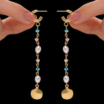 PRAO Anti-Tarnish Beads & Pearls Shell Dangle Earrings