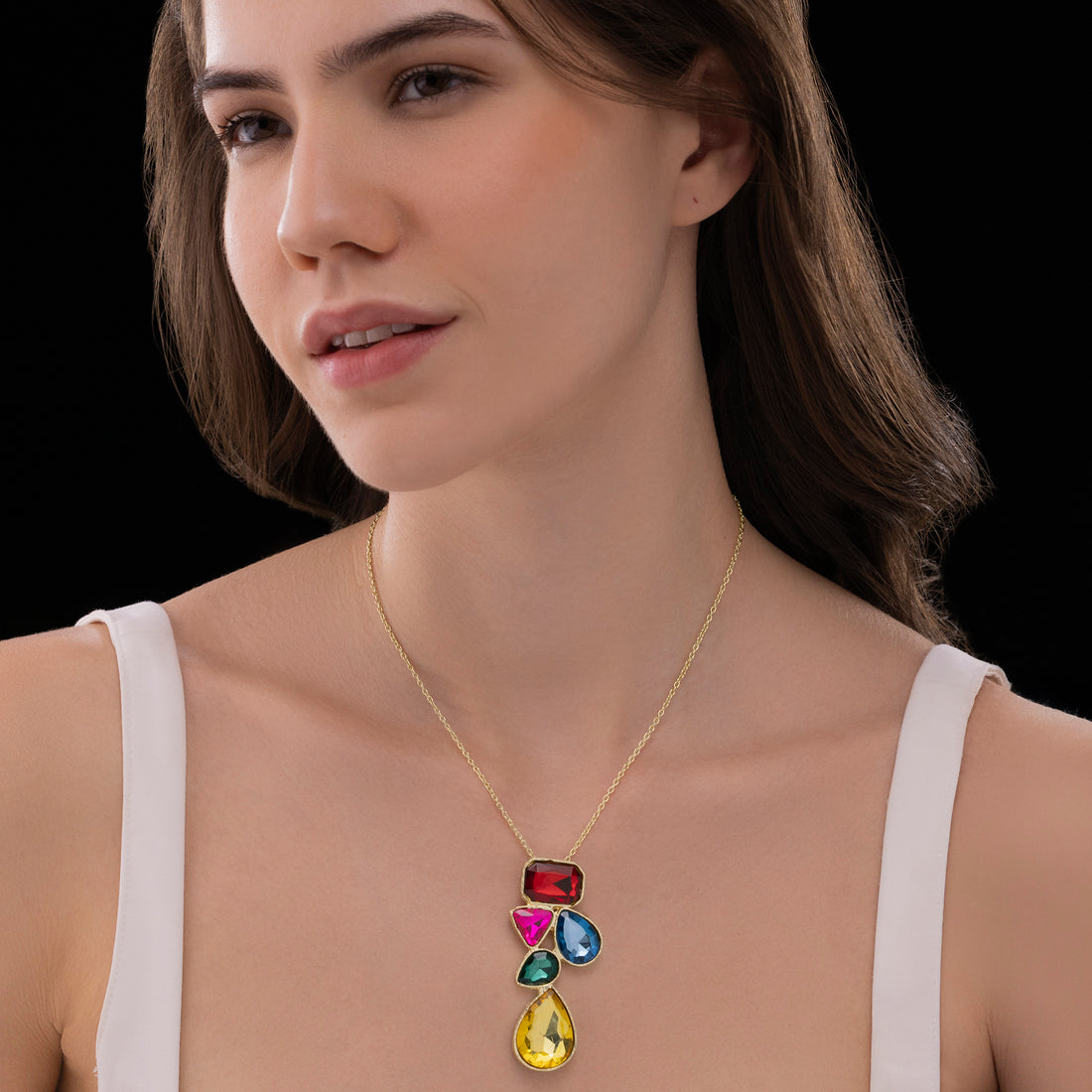 PRAO Anti-Tarnish Abstract Multi-Color Shapes Long Pendant Necklace