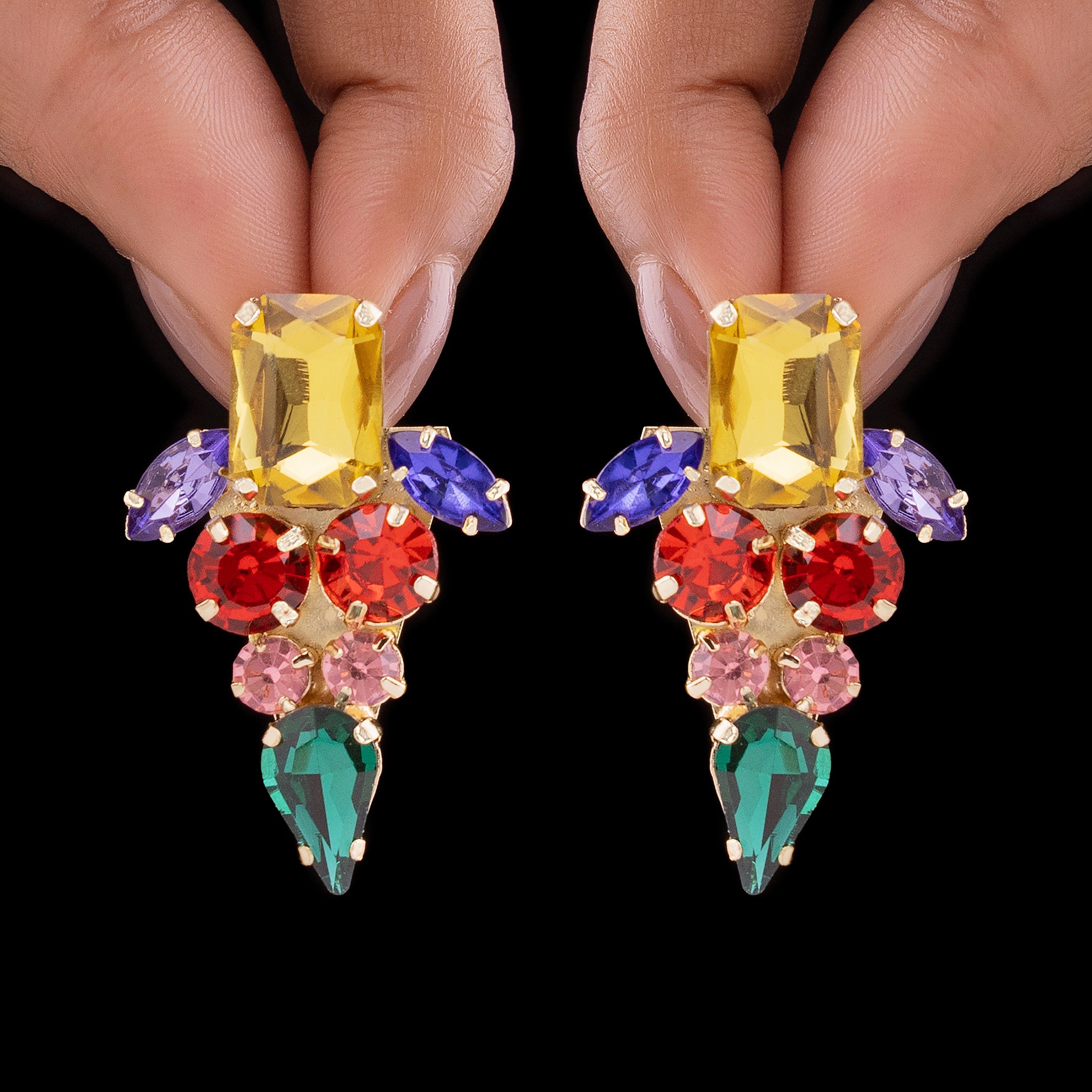 PRAO Anti-Tarnish Multi-Color Triangle Statement Earrings
