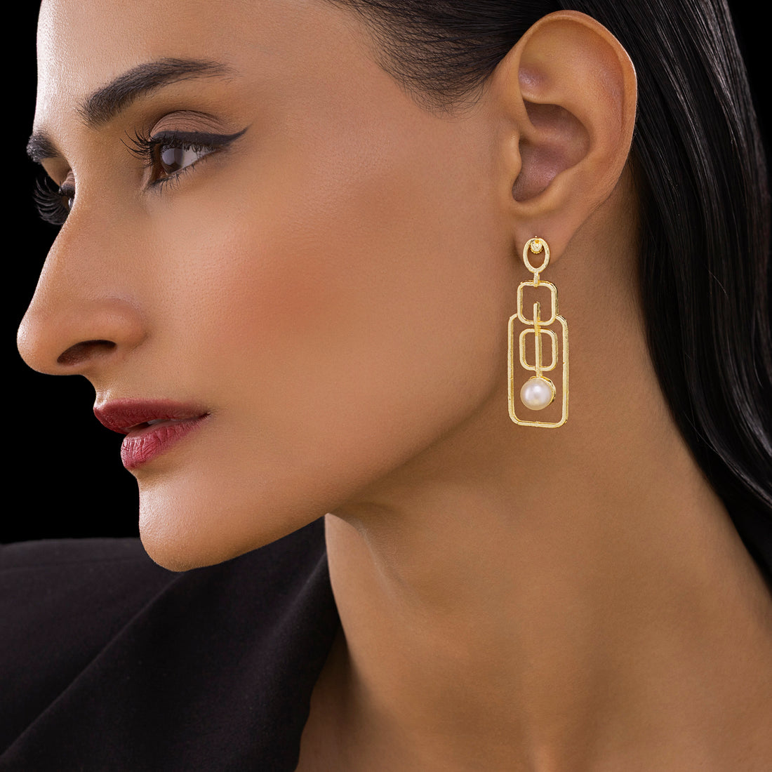 PRAO Anti-Tarnish Geometric Wired Rectangle Dangles with Pearl