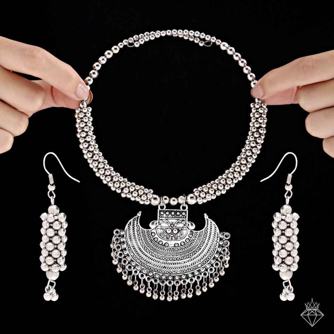 Premium German Silver Necklace Set With Earrings By PRAO