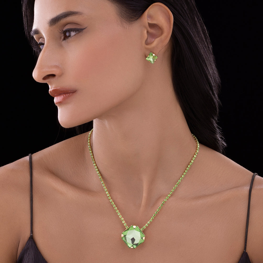 PRAO Anti-Tarnish Rhinestone Chain Pendant Necklace Set With Earrings