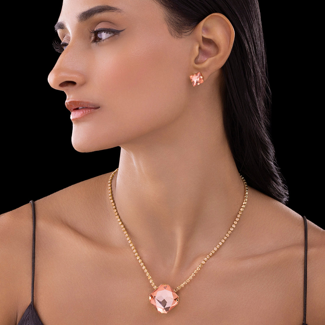 PRAO Anti-Tarnish Rhinestone Chain Pendant Necklace Set With Earrings