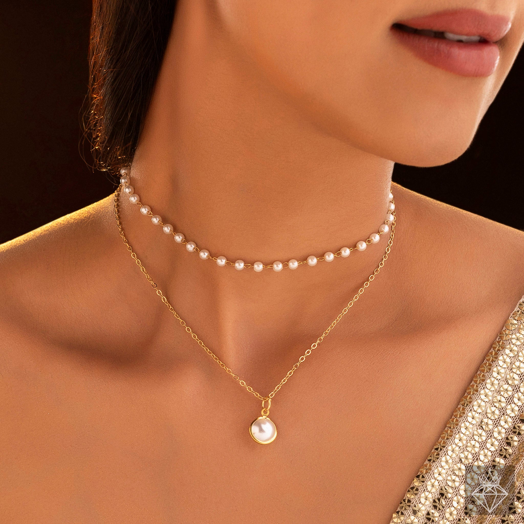 Anti-Tarnish Double Layer Pearl Choker & Charm Necklace By PRAO