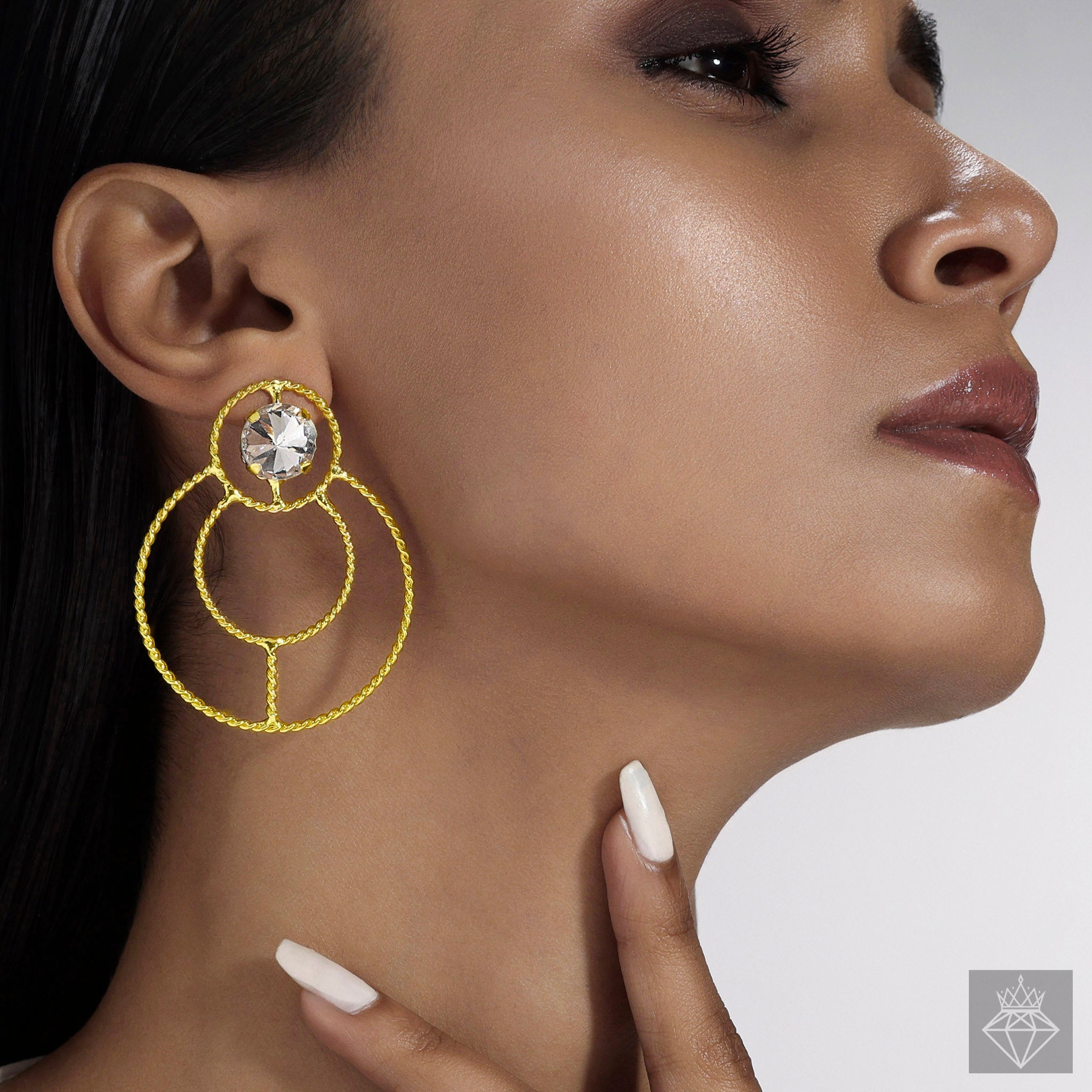 Anti-Tarnish Crystal Stone Centered Wired Frame Earrings By PRAO