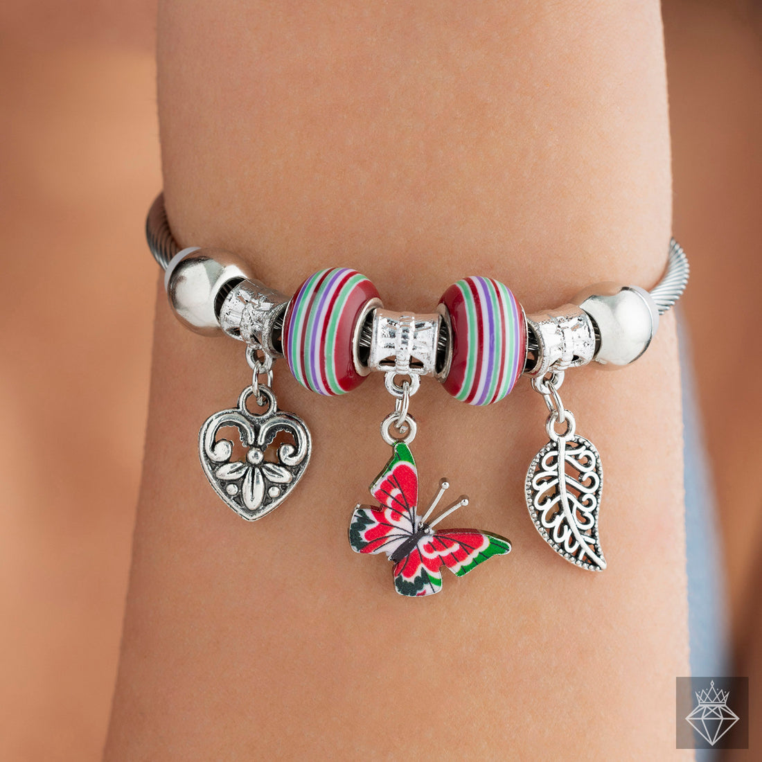 Anti-Tarnish Enameled Butterfly & Heart Charm Bracelet