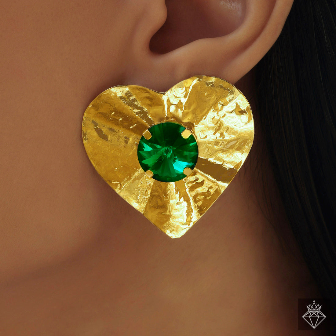 Anti-Tarnish Golden Heart Hammered Studs With Emerald Crystal By PRAO