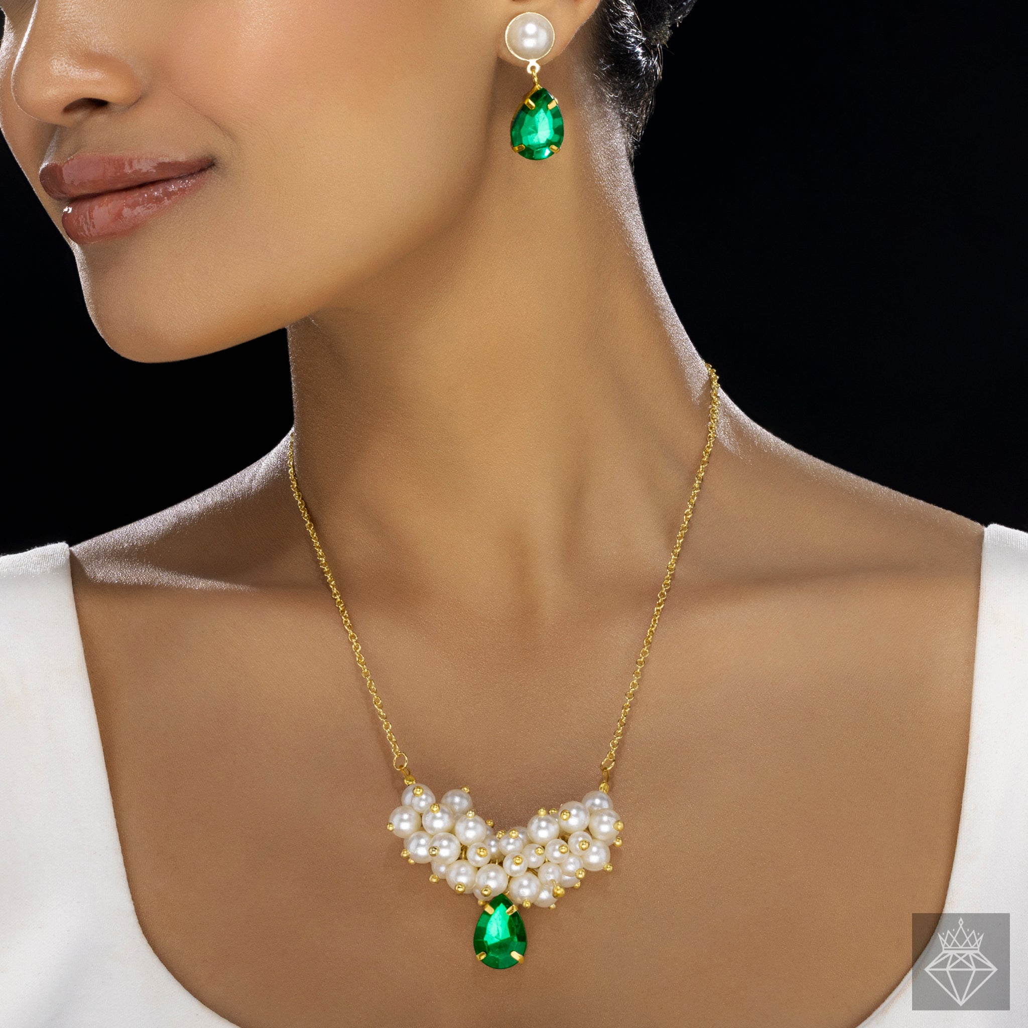 PRAO Anti-Tarnish Pearl & Crystal Necklace Set With Earrings