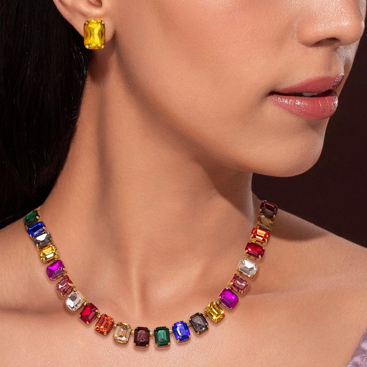 Multicolour Crystal Necklace Set With Earrings By PRAO