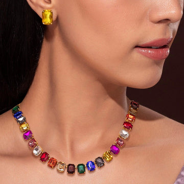 Multicolour Crystal Necklace Set With Earrings By PRAO