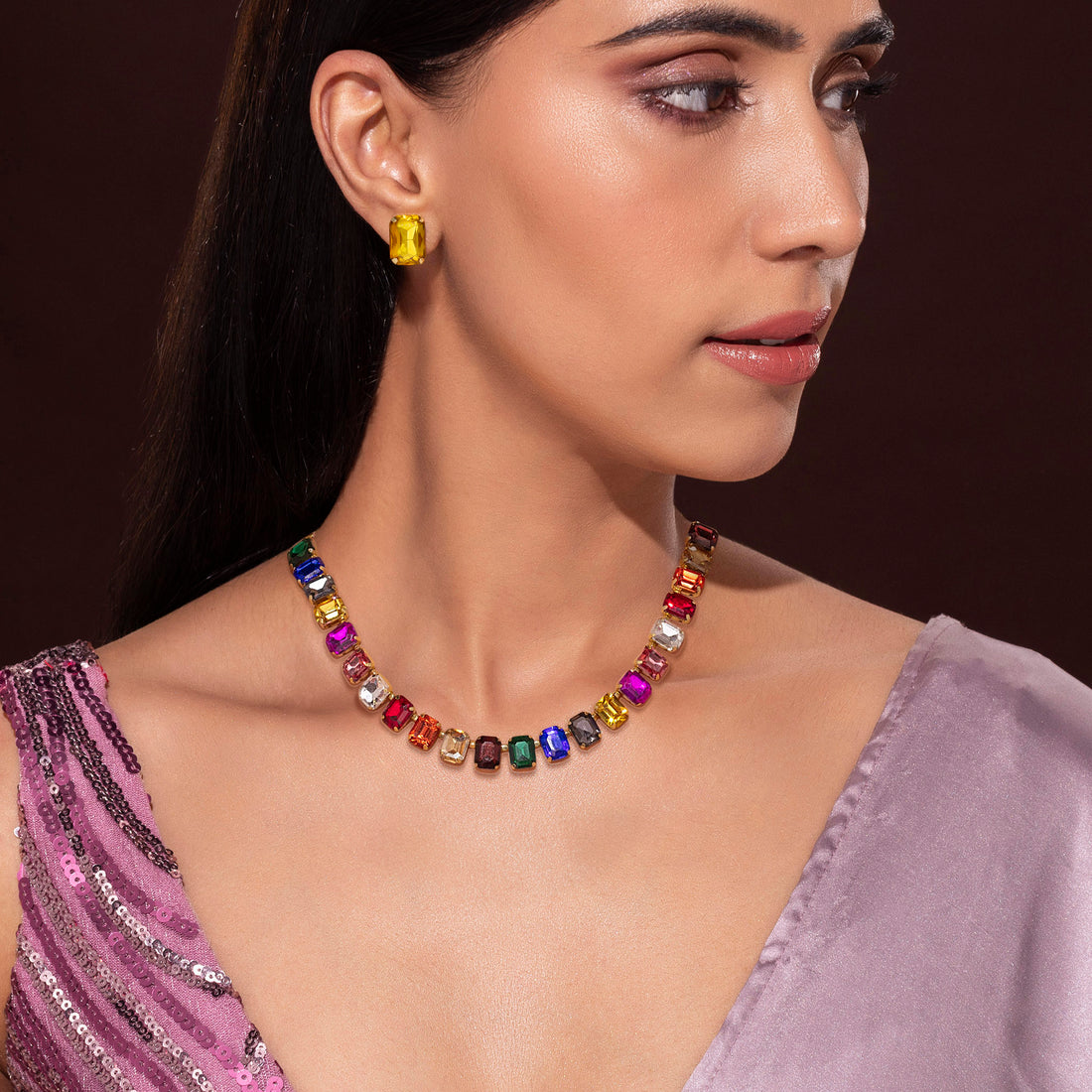 Multicolour Crystal Necklace Set With Earrings By PRAO