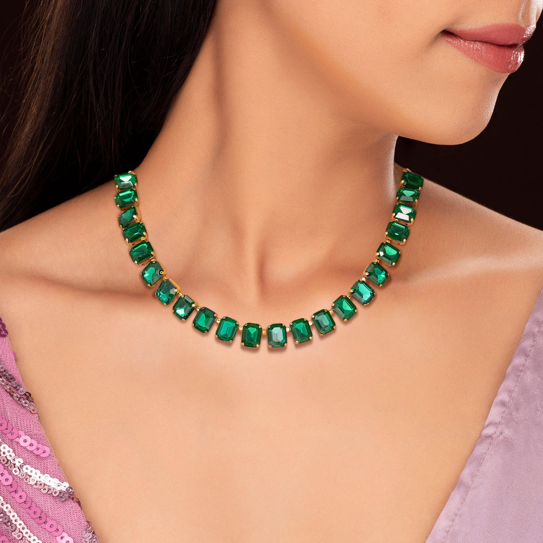 Single-Line Emerald Necklace Set With Earrings By PRAO