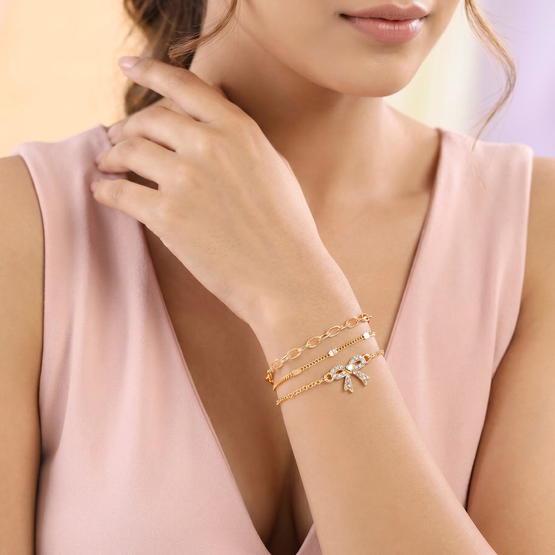 PRAO 3 Bracelet Anti-Tarnish Three-Piece Set With Rhinestone Bow Charm (Adjustable Size)