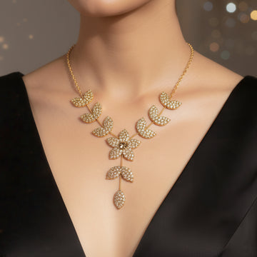 PRAO Anti-Tarnish Flower Leafy Necklace Set With Earrings
