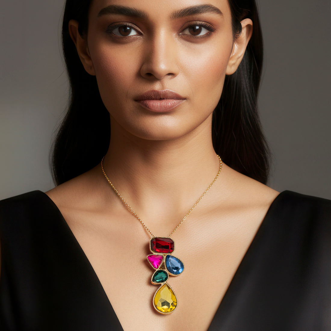 PRAO Anti-Tarnish Abstract Multi-Color Shapes Long Pendant Necklace
