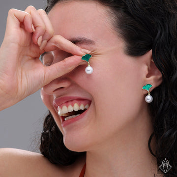 PRAO Leaf Stud Earrings With Hanging Pearl