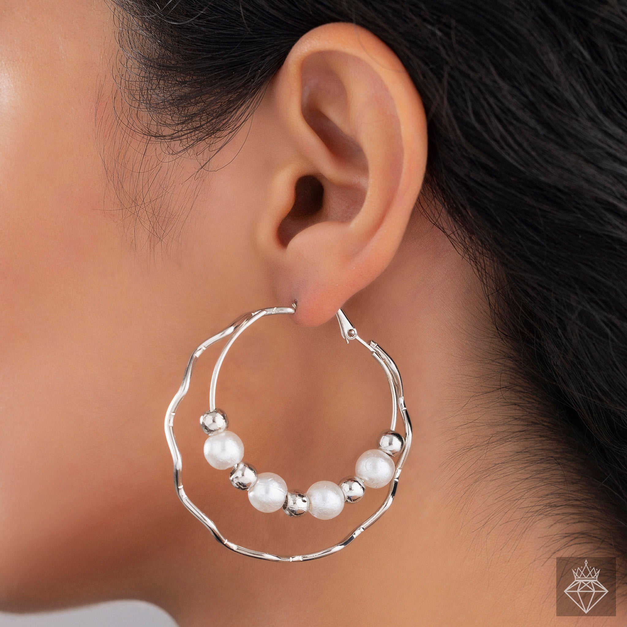Luxurious Layers: PRAO Silver & Pearl Hoop Earrings