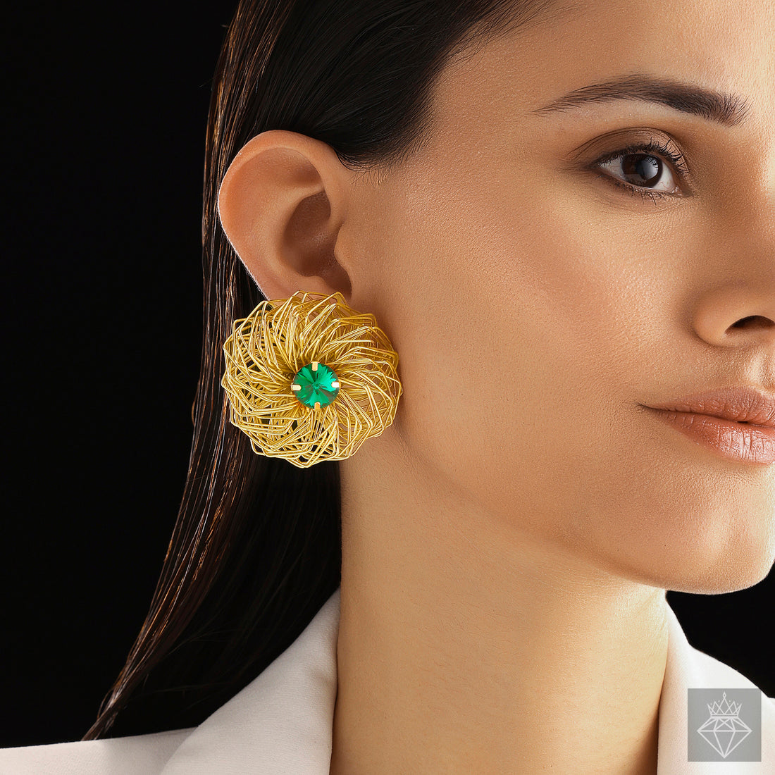 Anti-Tarnish Nest-Inspired Statement Earrings With Emerald Crystal