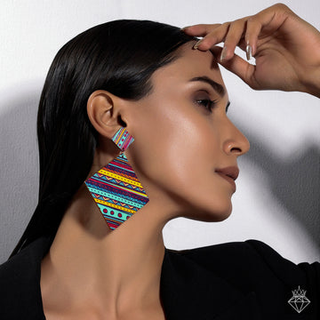 Vibrant Exaggerated Printed Square Wooden Earrings By PRAO