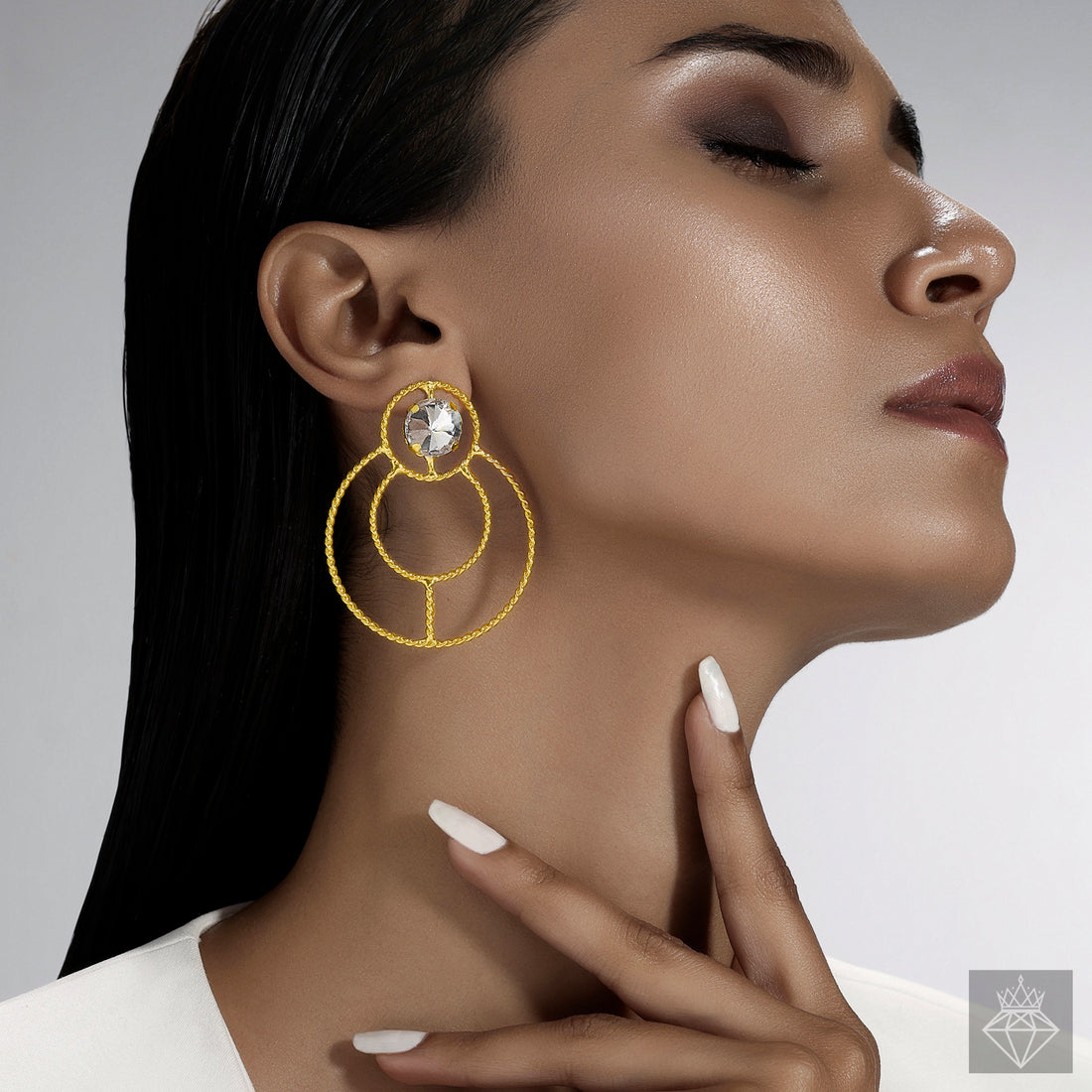 Anti-Tarnish Crystal Stone Centered Wired Frame Earrings By PRAO