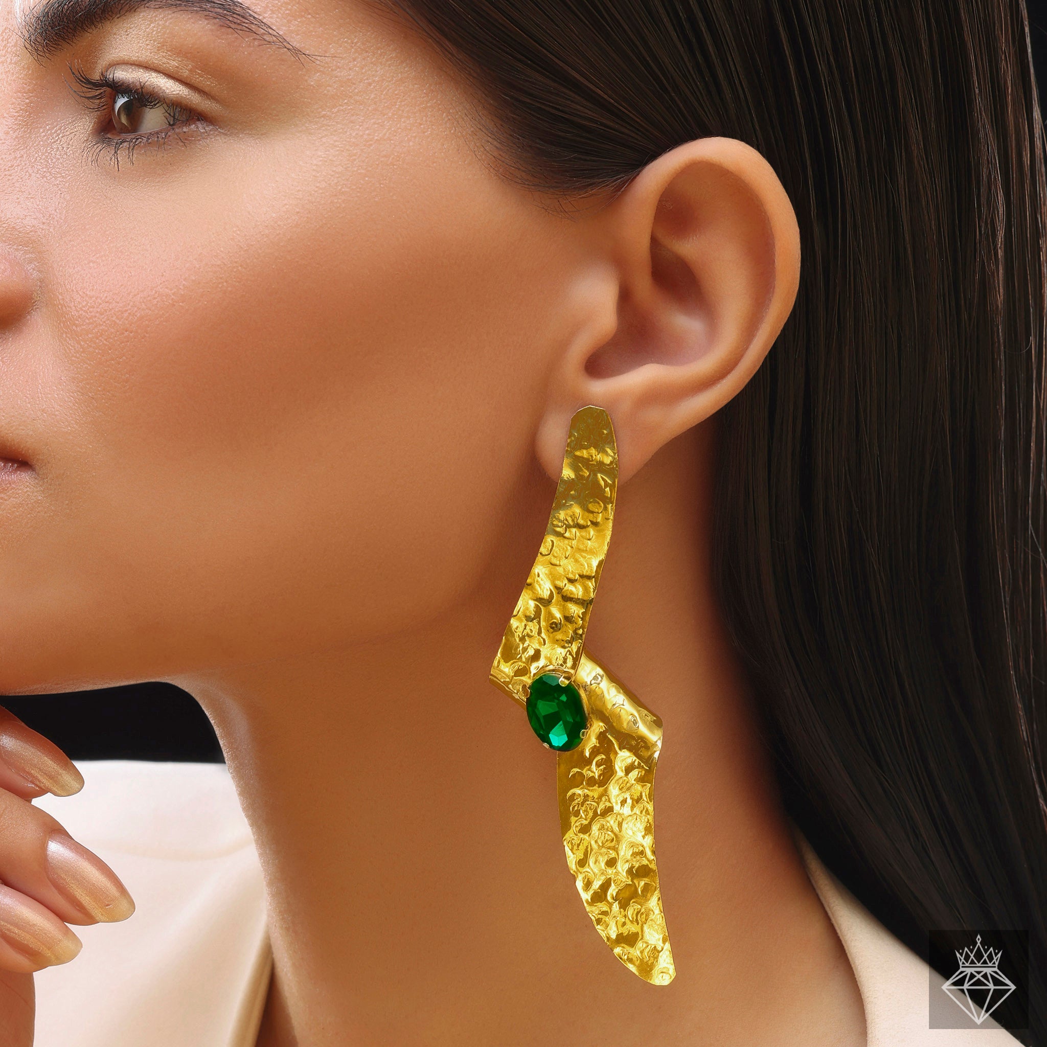 Anti-Tarnish Hammered Folded Emerald Earrings By PRAO