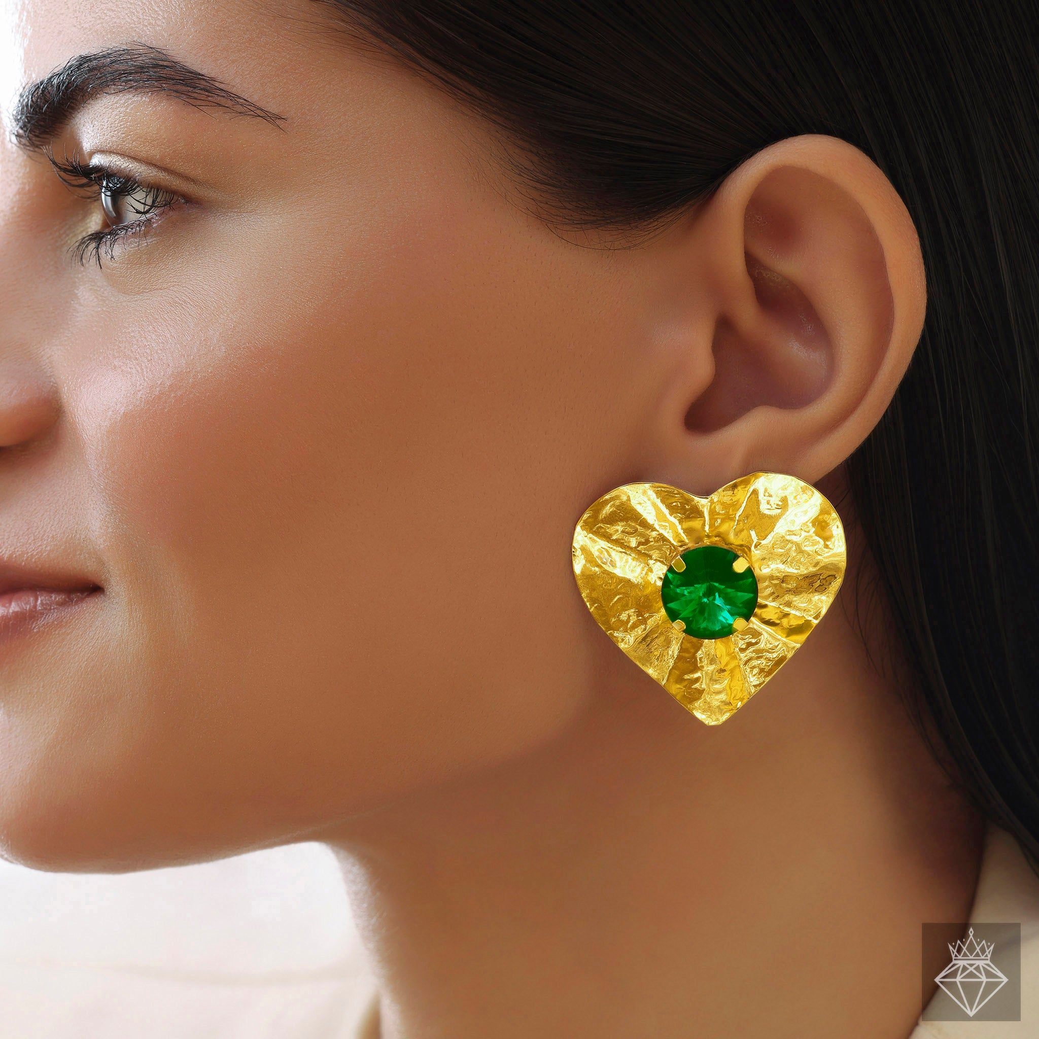 Anti-Tarnish Golden Heart Hammered Studs With Emerald Crystal By PRAO