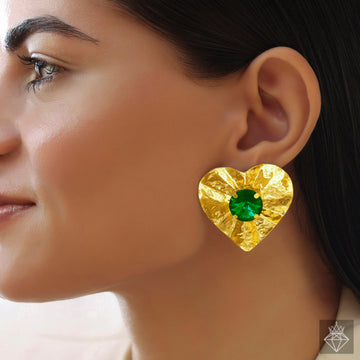 Anti-Tarnish Golden Heart Hammered Studs With Emerald Crystal By PRAO