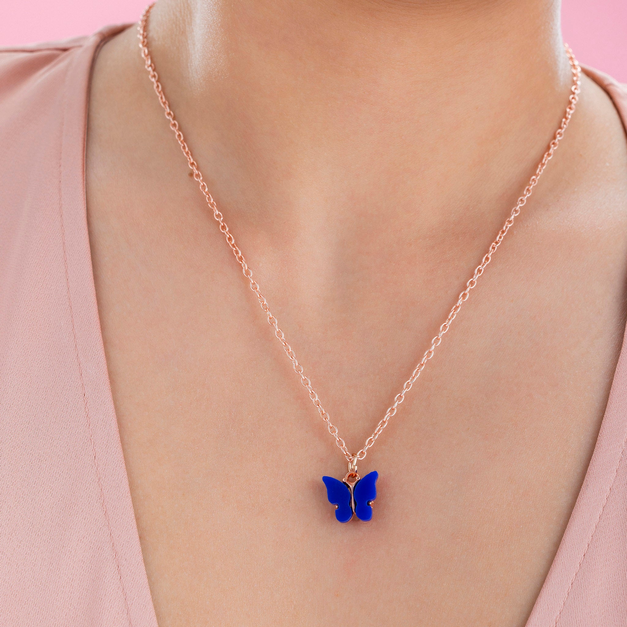 PRAO Pretty Butterfly Dark Blue Pendant With Rose Gold Chain