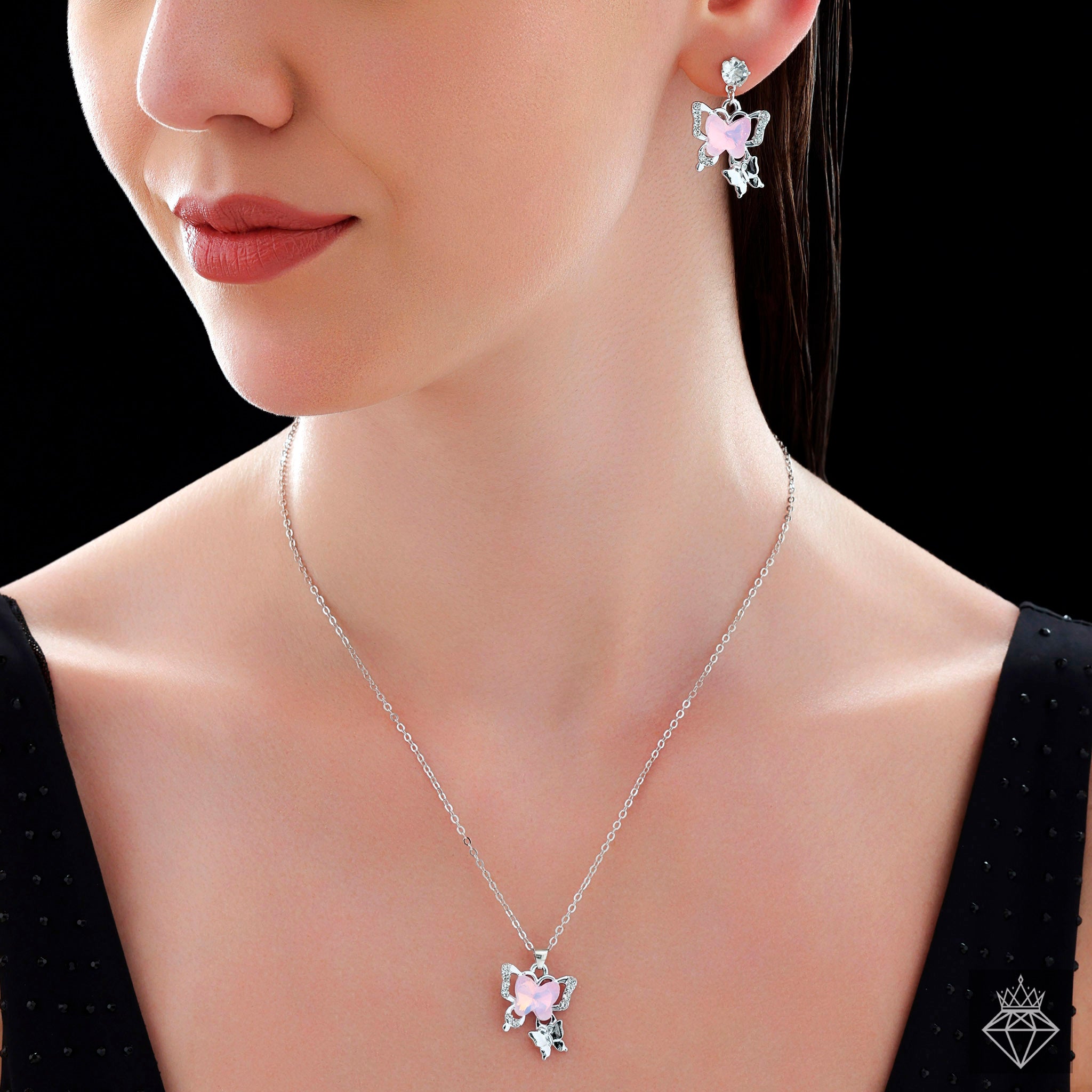 Anti-Tarnish Opal Pink Butterfly Crystal Necklace Set With Earrings✨By PRAO